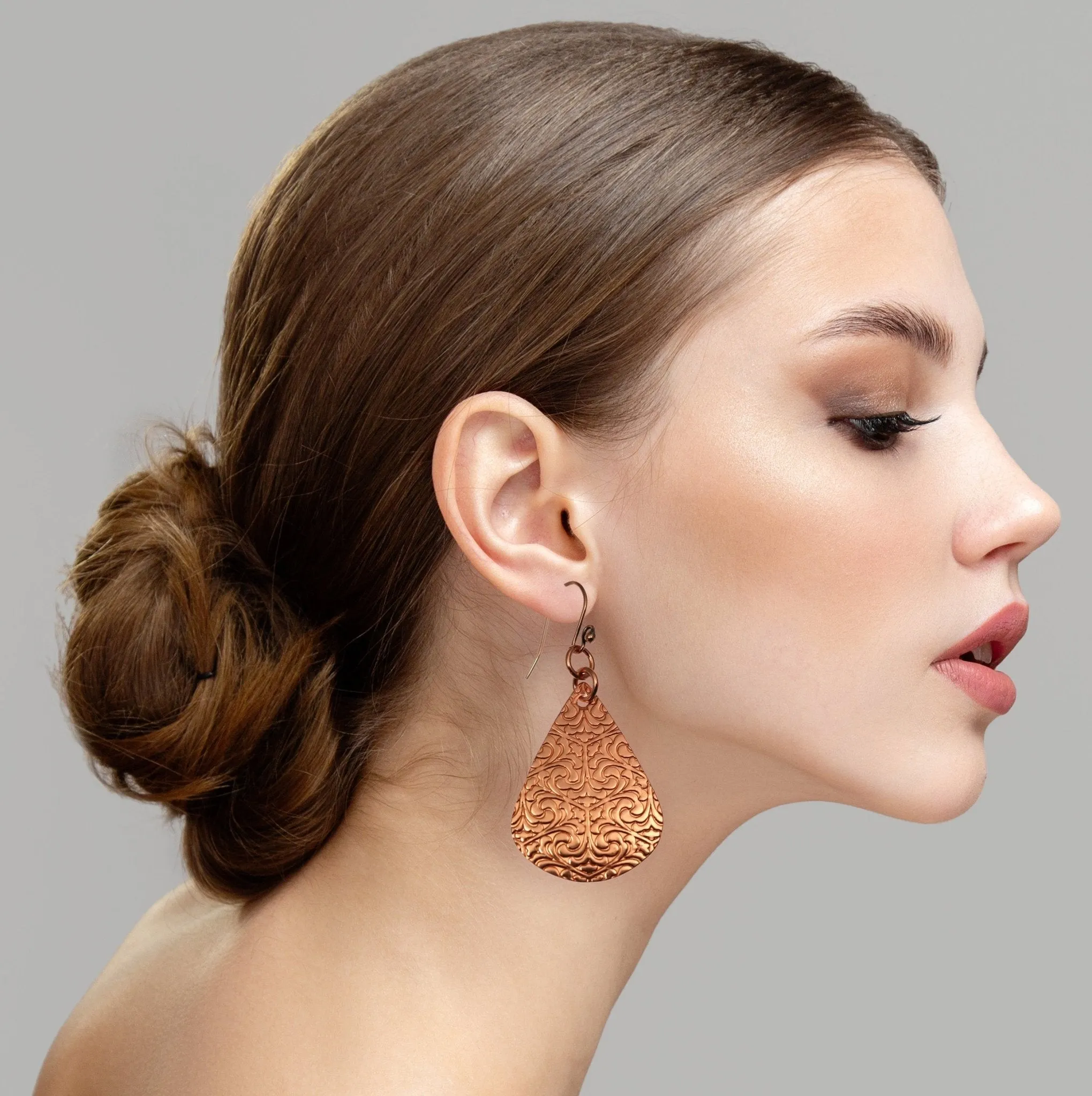 Large Damask Embossed Copper Teardrop Earrings