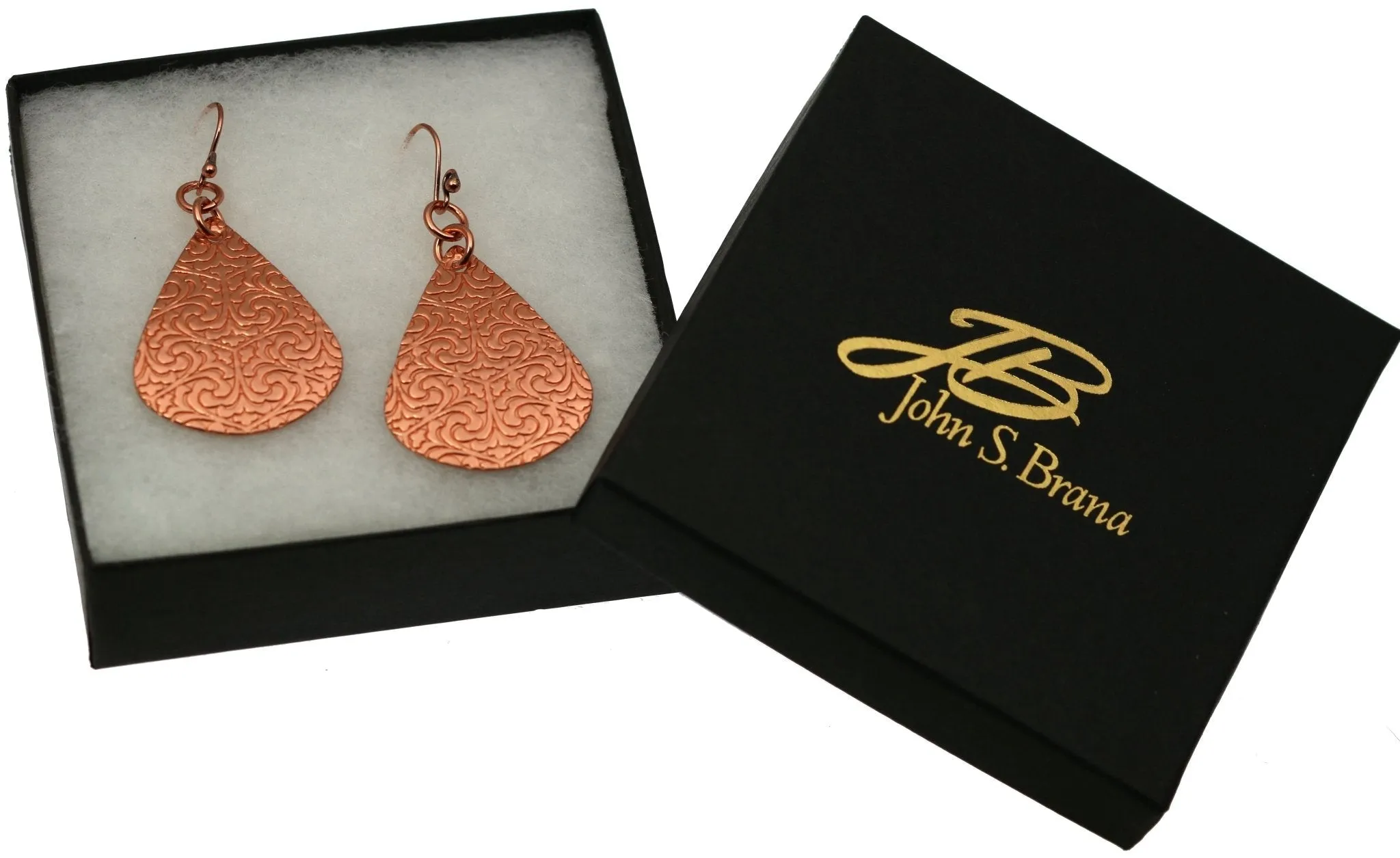 Large Damask Embossed Copper Teardrop Earrings