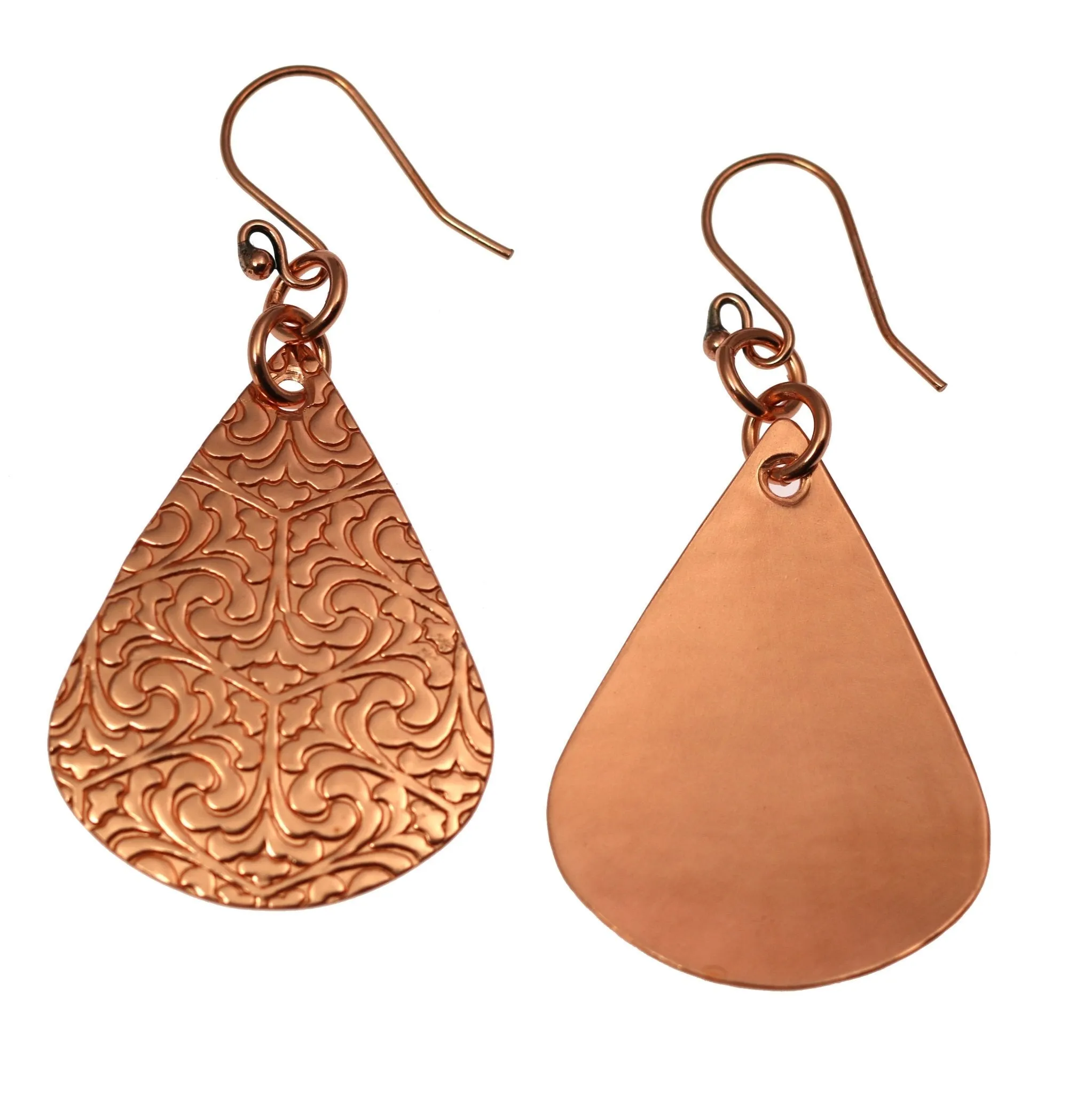 Large Damask Embossed Copper Teardrop Earrings