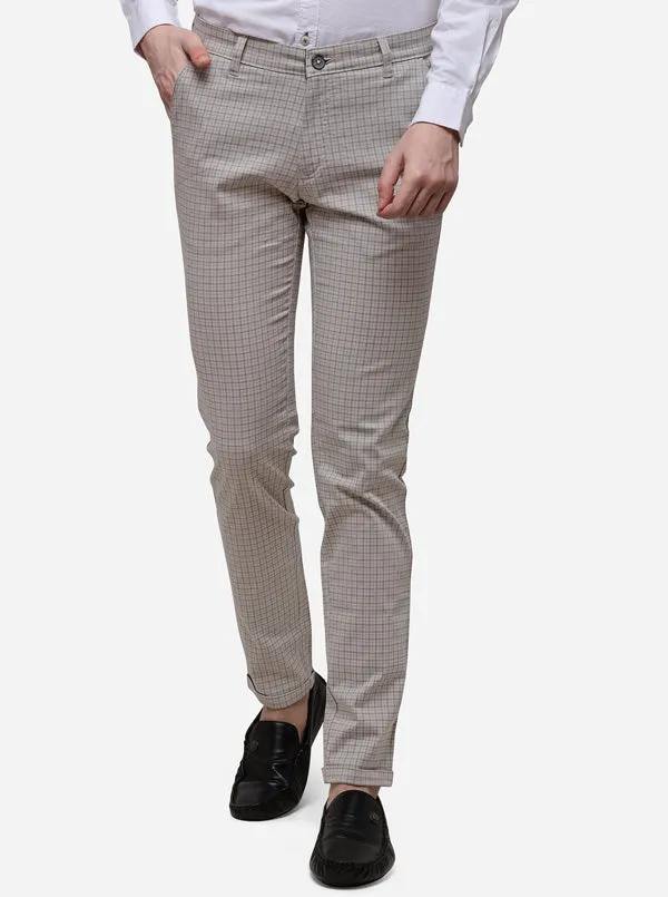 Light Grey Slim Fit Checked Casual Trouser | Greenfibre