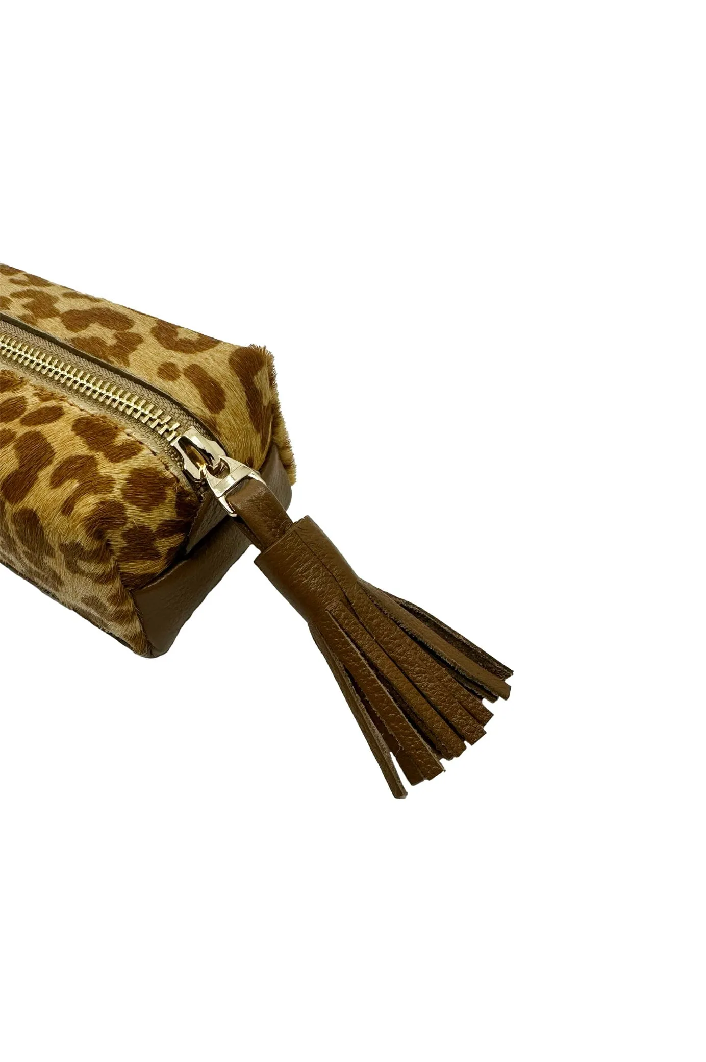 Make up Bag Tan Leopard Cowhide