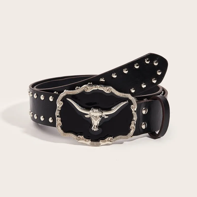 Men's Black Longhorn Bull Rivet Leather Belt