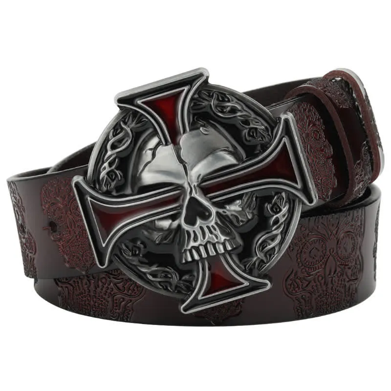 Men's Cross Skull Embossed Pattern Leather Belt