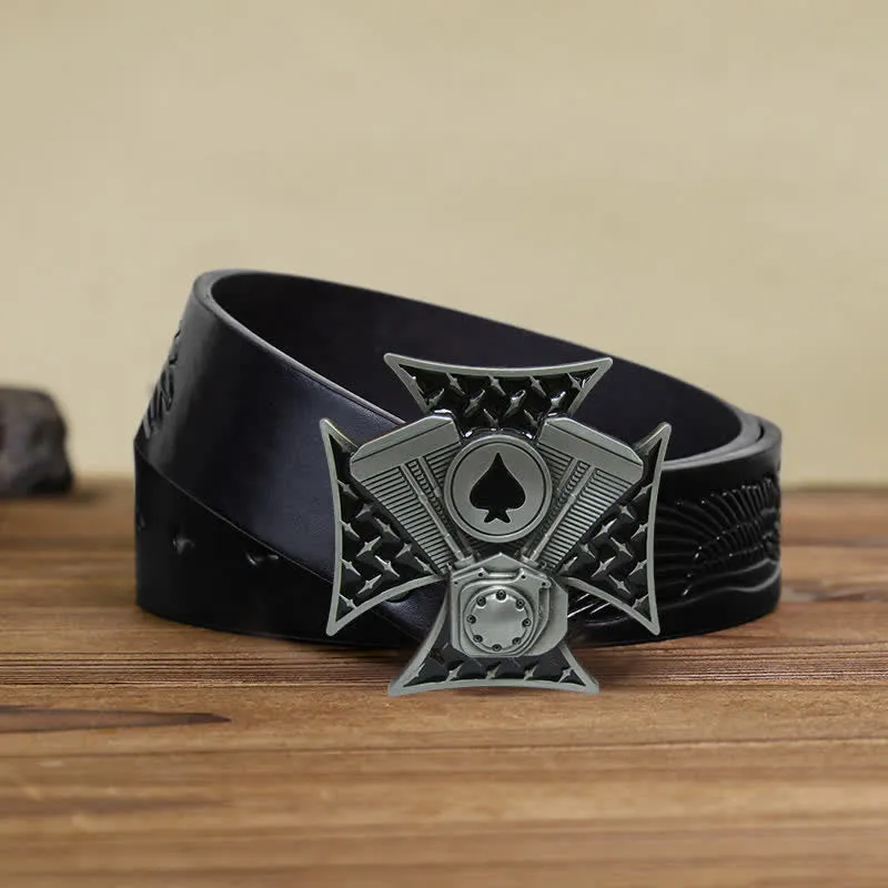 Men's DIY ACE Spades Cross Buckle Leather Belt