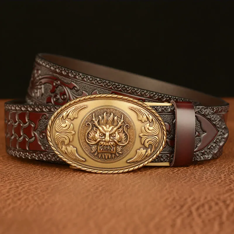 Men's Dragon Elliptical Buckle Leather Belt