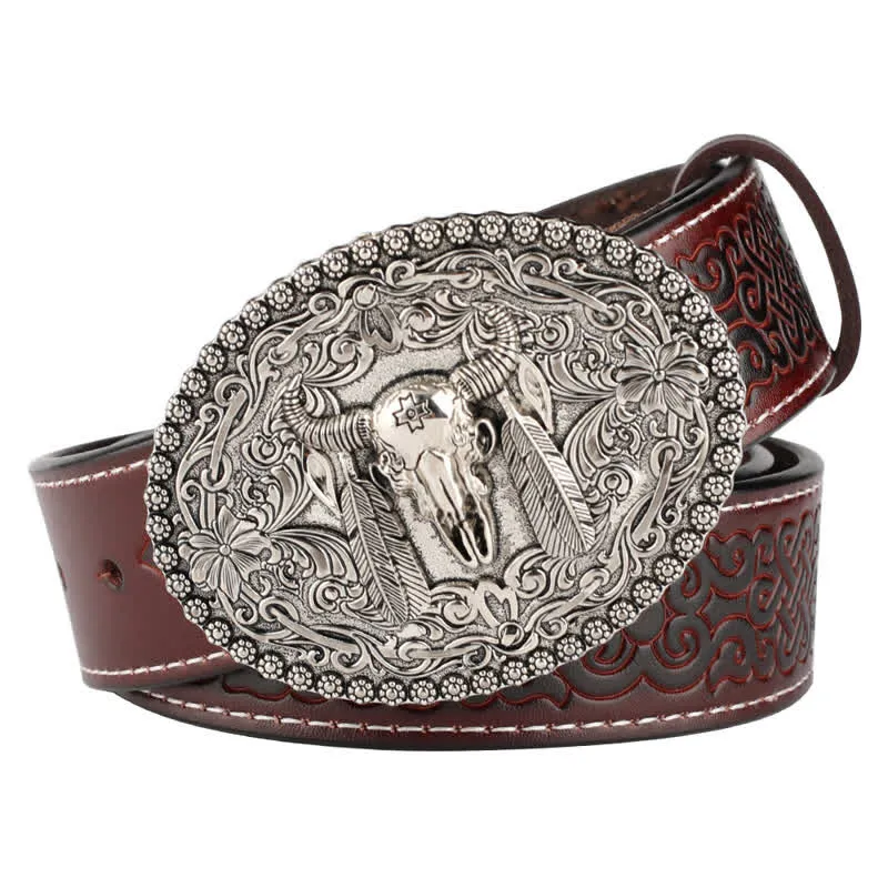 Men's Engarved Feather Bull Jeans Leather Belt