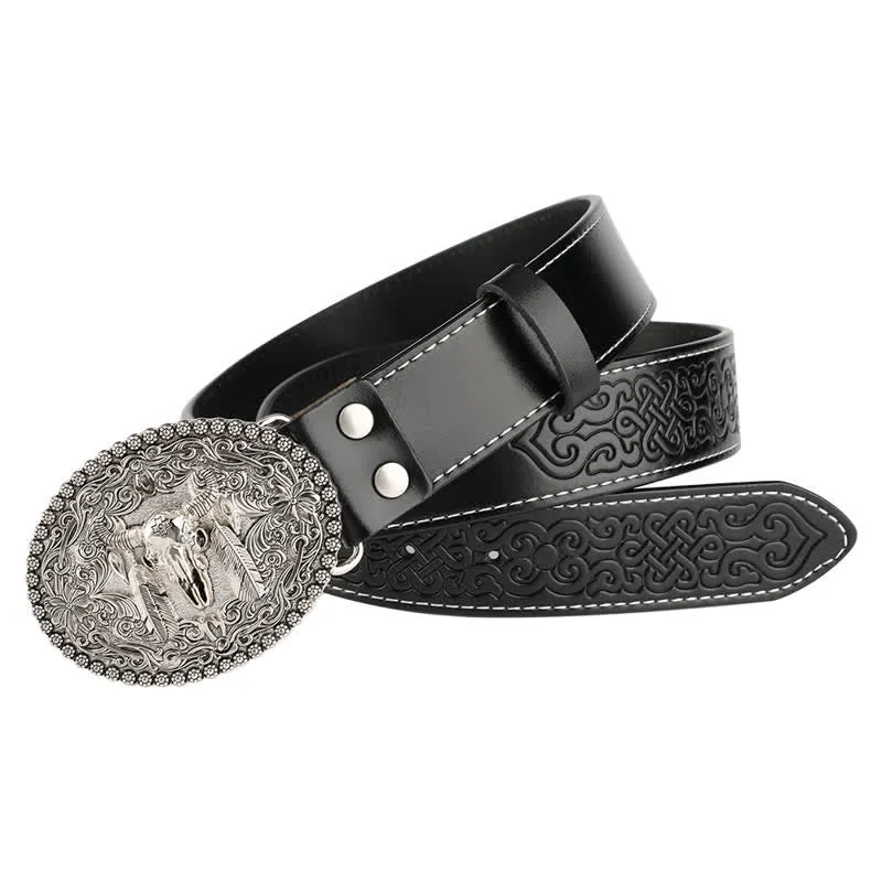 Men's Engarved Feather Bull Jeans Leather Belt