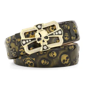 Men's Punk Rhinestone Skull Cross Pattern Leather Belt