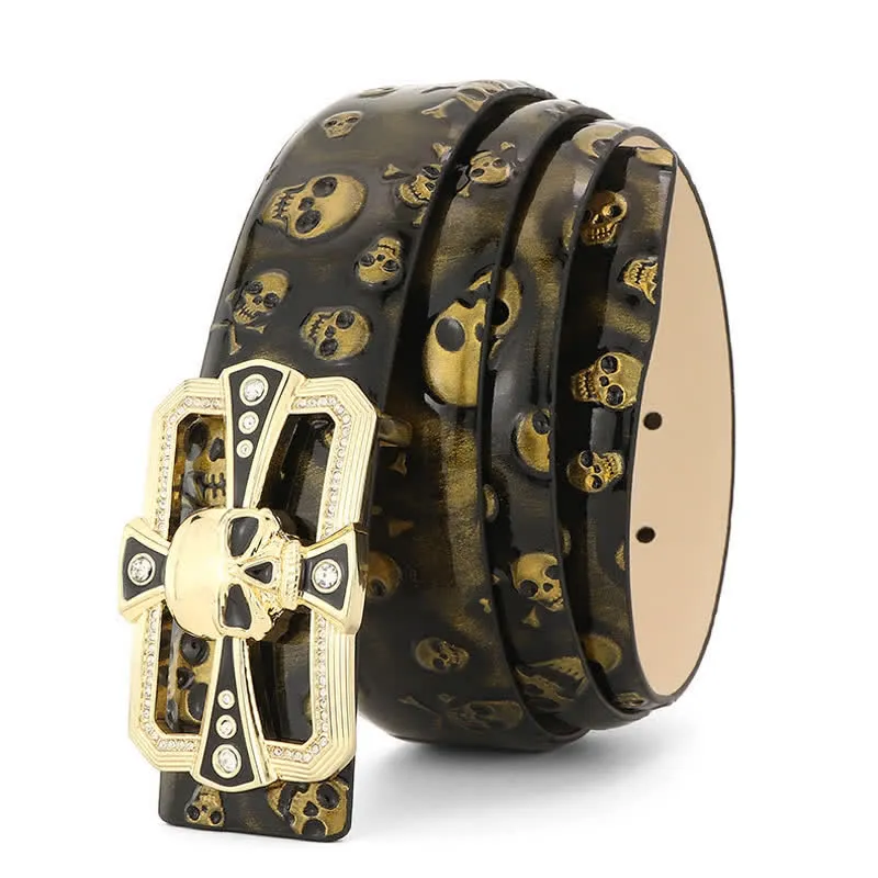 Men's Punk Rhinestone Skull Cross Pattern Leather Belt