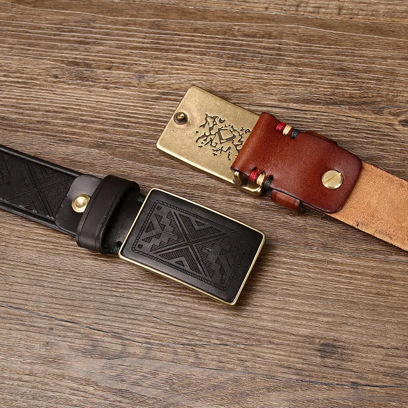 Men's Square Buckle Engraving Totem Pattern Leather Belt