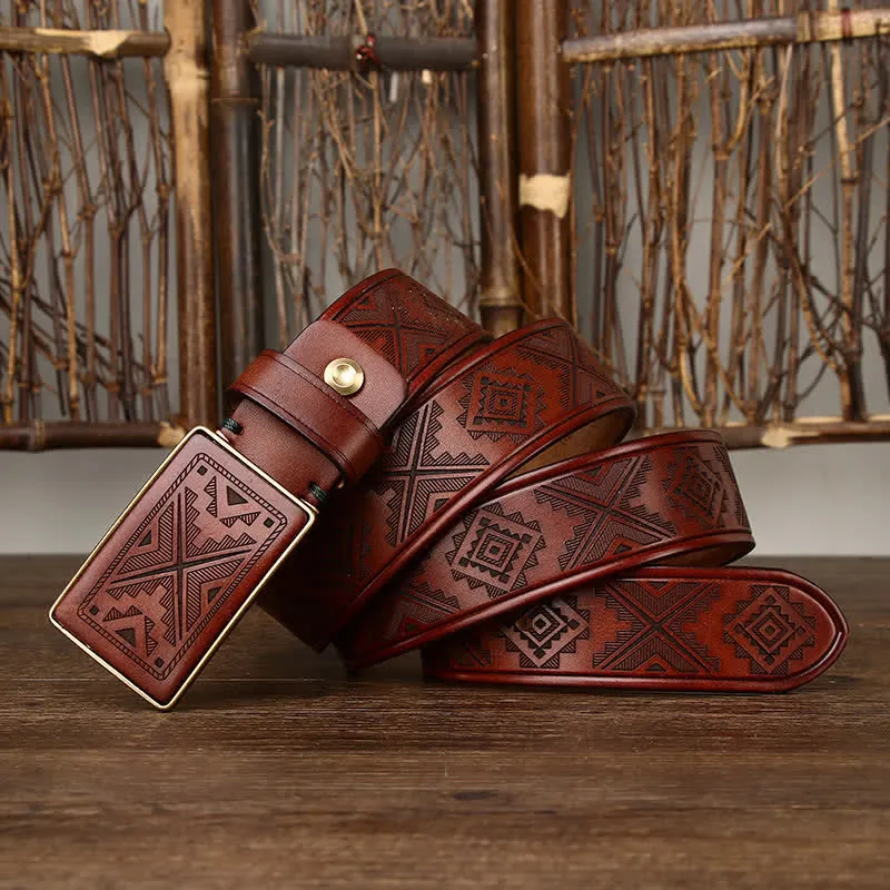 Men's Square Buckle Engraving Totem Pattern Leather Belt