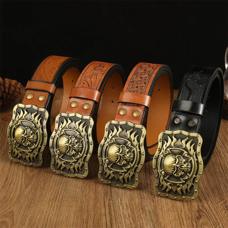 Men's Trendy Skull Head Flame Leather Belt