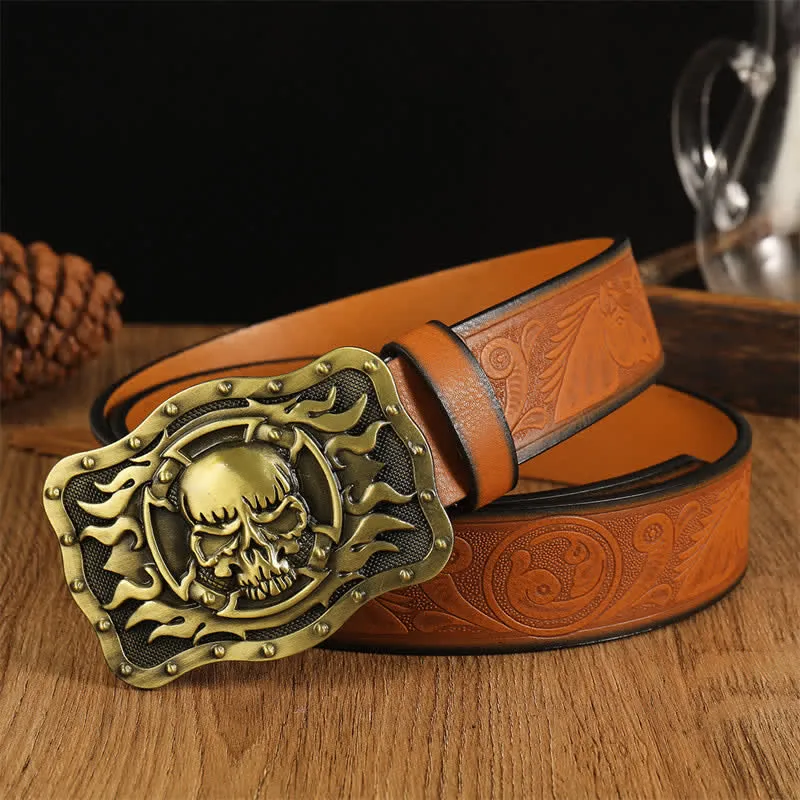 Men's Trendy Skull Head Flame Leather Belt