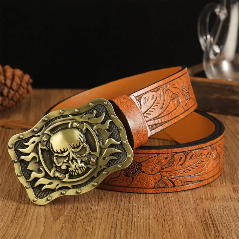 Men's Trendy Skull Head Flame Leather Belt