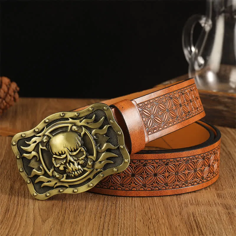 Men's Trendy Skull Head Flame Leather Belt