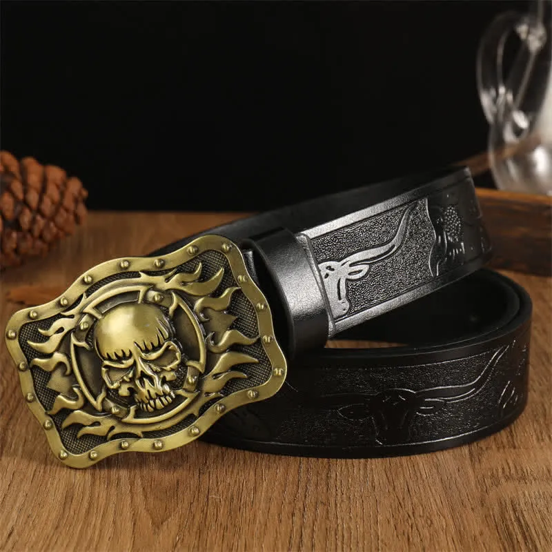 Men's Trendy Skull Head Flame Leather Belt