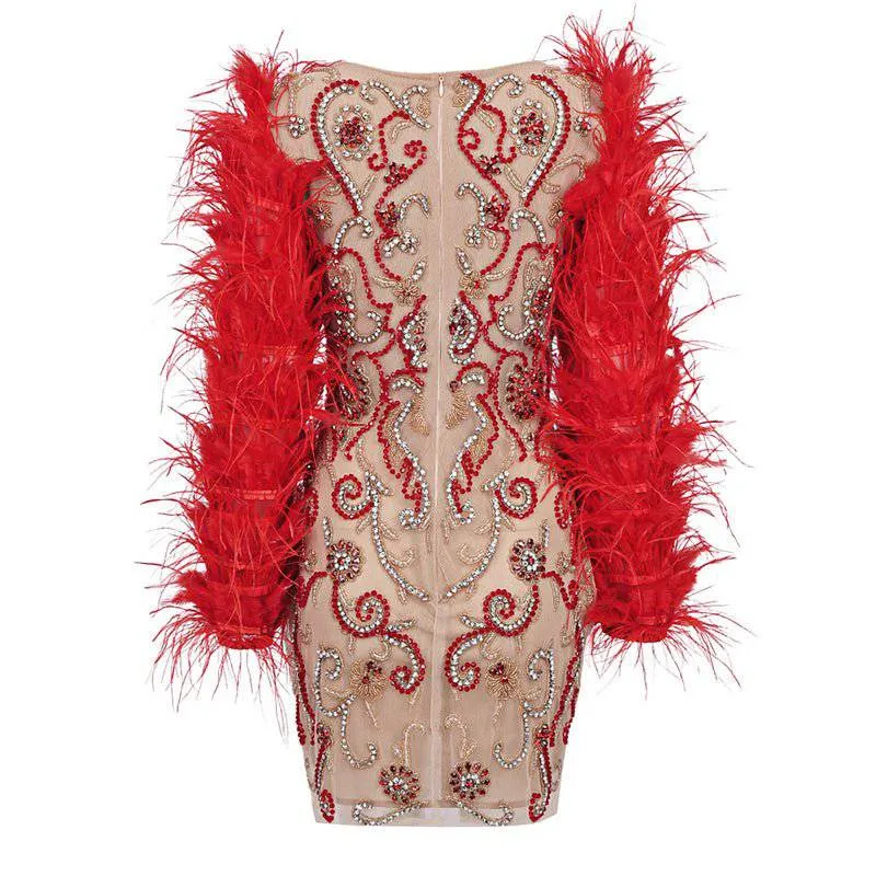 Mildred Feather Beaded Mini Dress – Glamorous Long Sleeve Design