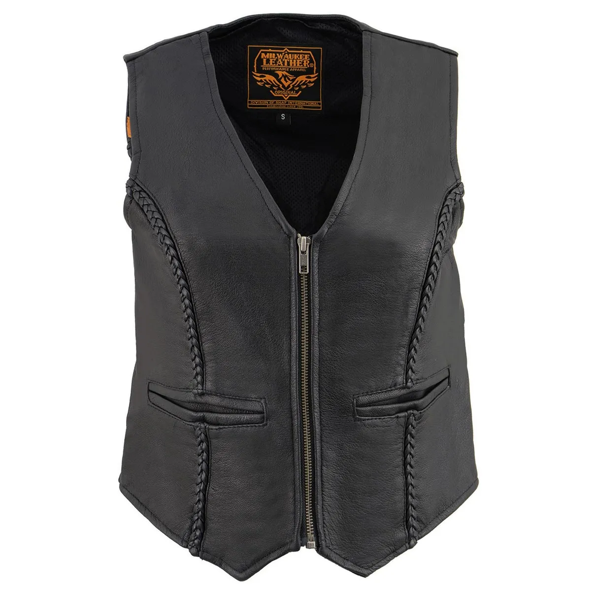 Milwaukee Leather MLL4550 Women's Black Naked Leather Classic Braided Deep V-Neck Motorcycle Rider Vest W/Front Zip