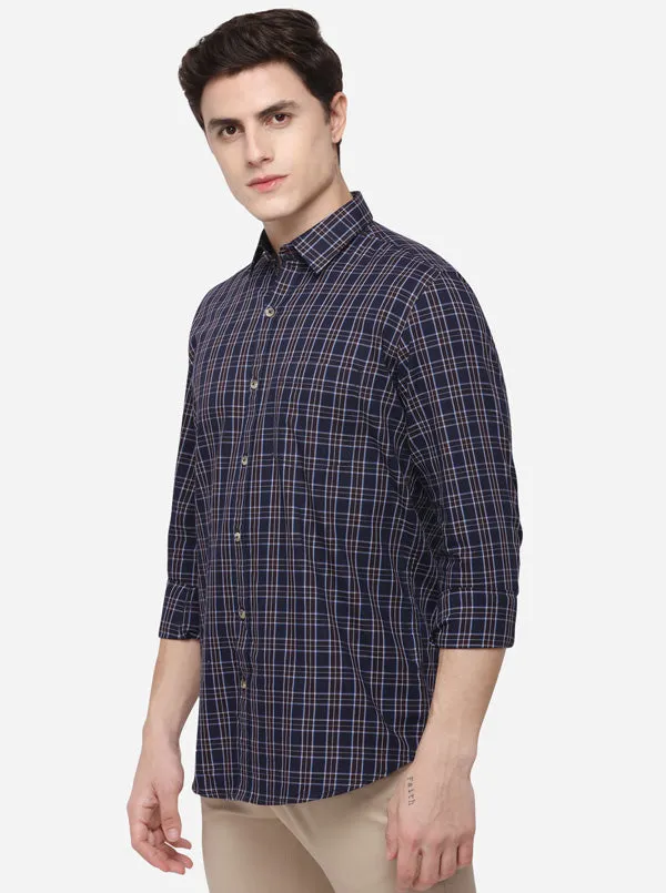 Navy Blue Regular Fit Checked Casual Shirt | Greenfibre