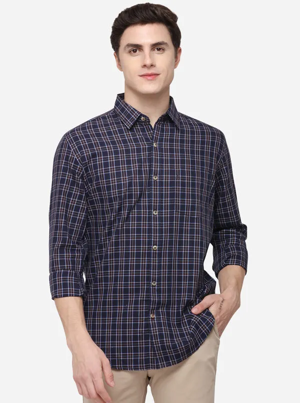 Navy Blue Regular Fit Checked Casual Shirt | Greenfibre