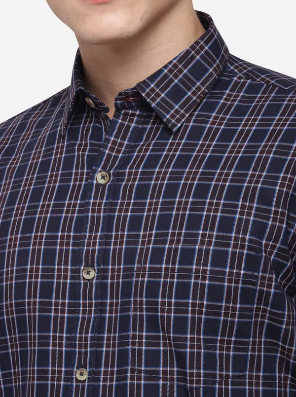 Navy Blue Regular Fit Checked Casual Shirt | Greenfibre