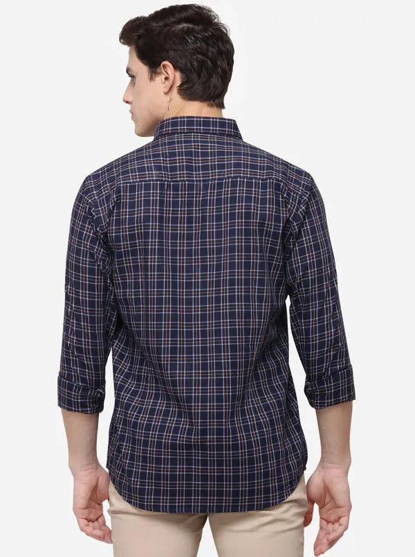 Navy Blue Regular Fit Checked Casual Shirt | Greenfibre