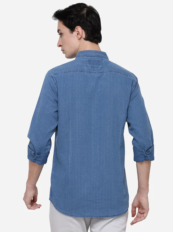 Navy Blue Slim Fit Striped Casual Shirt | JadeBlue