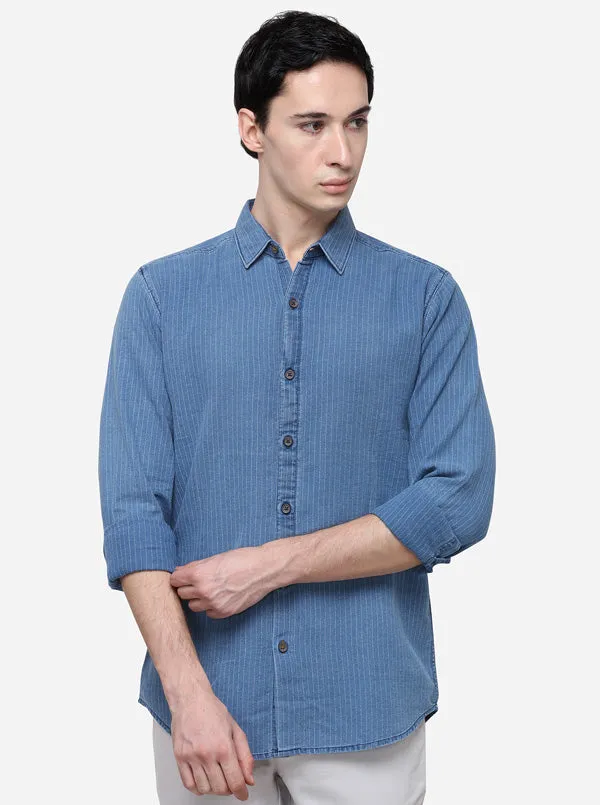 Navy Blue Slim Fit Striped Casual Shirt | JadeBlue