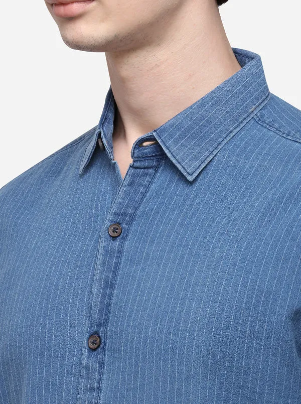 Navy Blue Slim Fit Striped Casual Shirt | JadeBlue