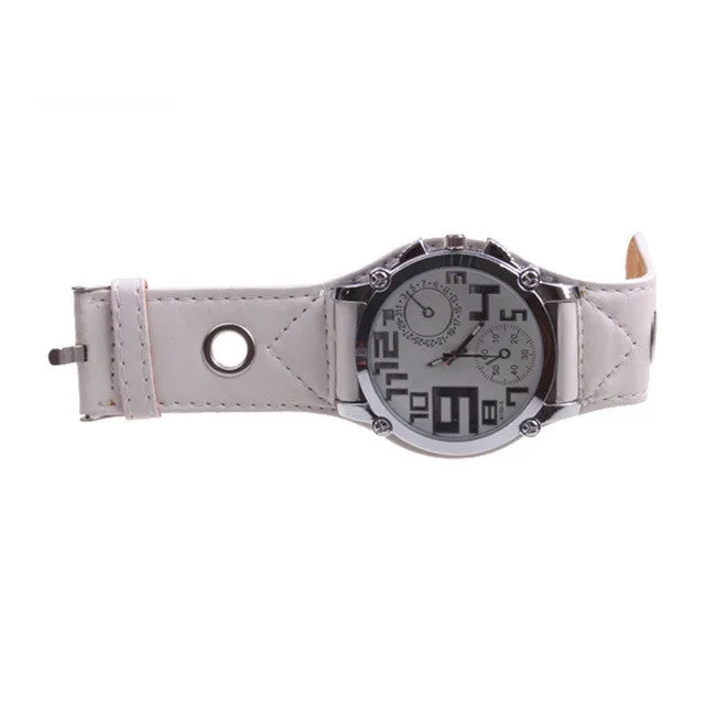 New Fashion Unique Cool White Wide Artificial PU Leather Band Men's Quartz Watch For Women  LL