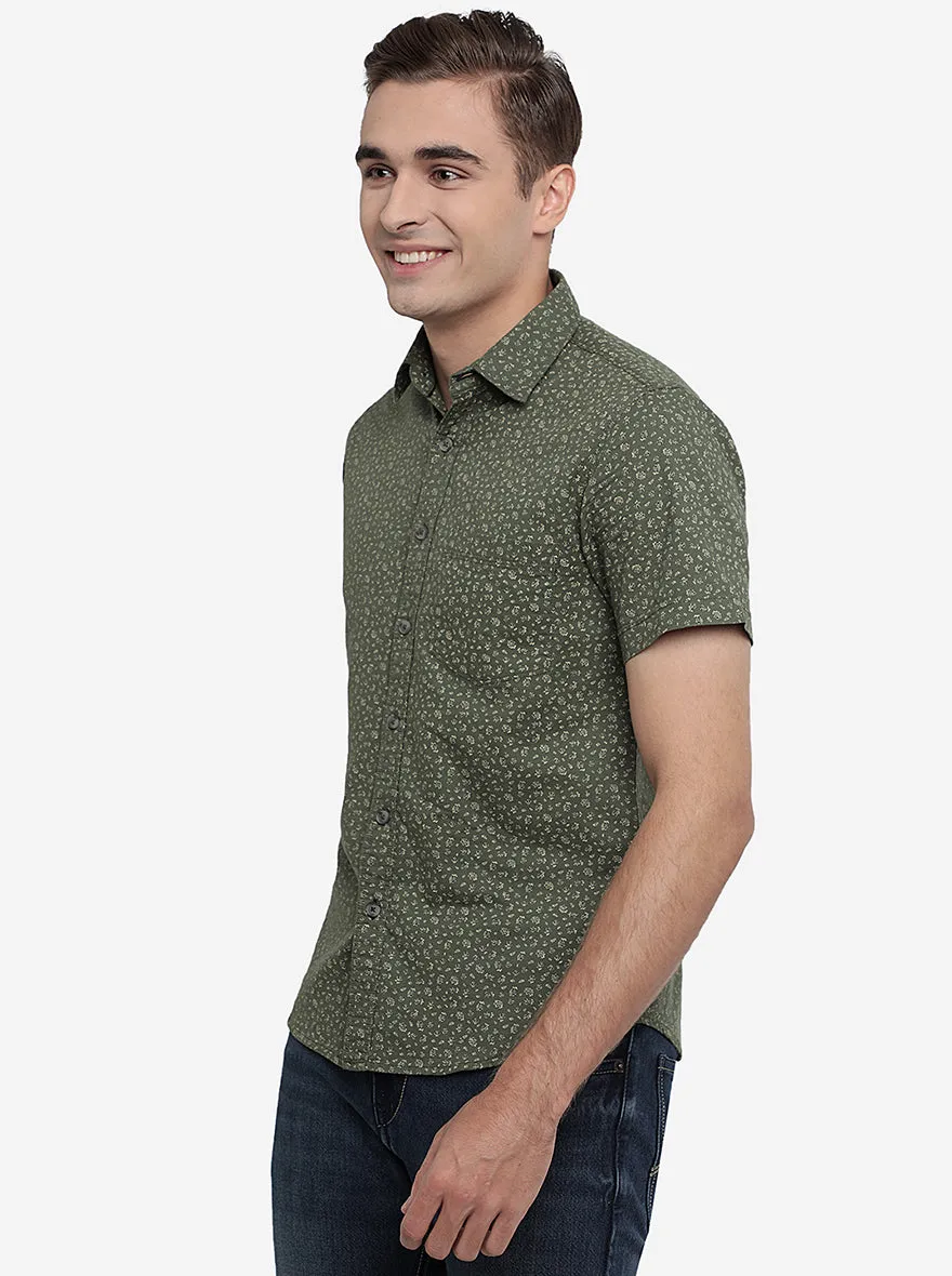 Olive Green Printed Slim Fit Semi Casual Shirt | Greenfibre