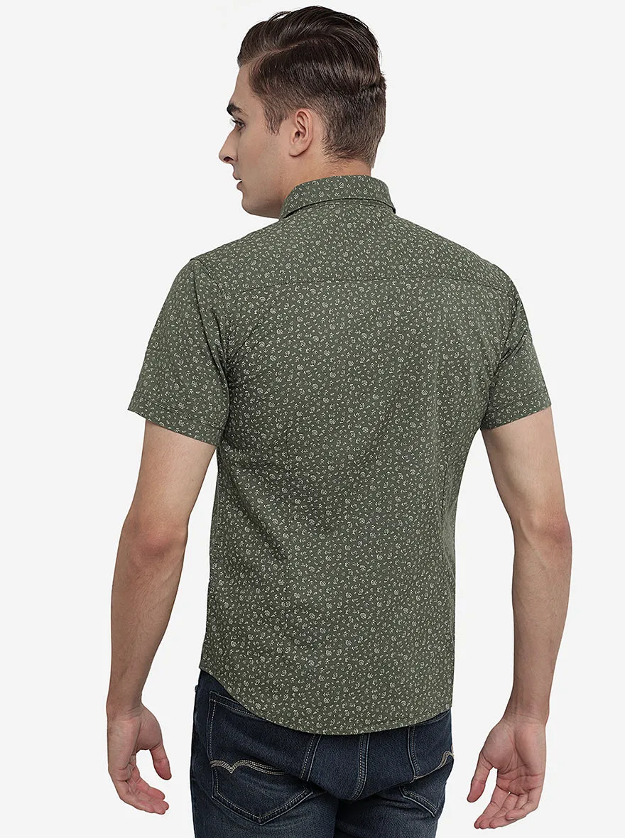 Olive Green Printed Slim Fit Semi Casual Shirt | Greenfibre