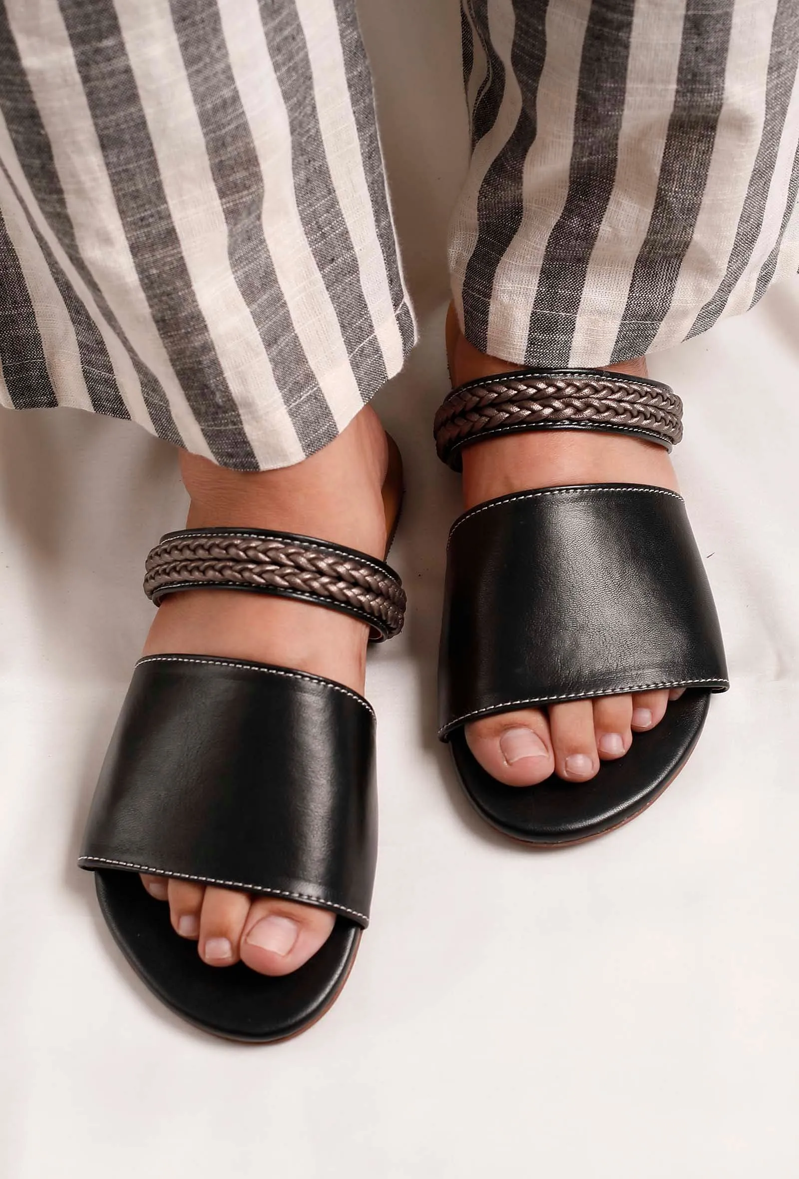 Onyx Black Braided Cruelty Free Leather Sliders