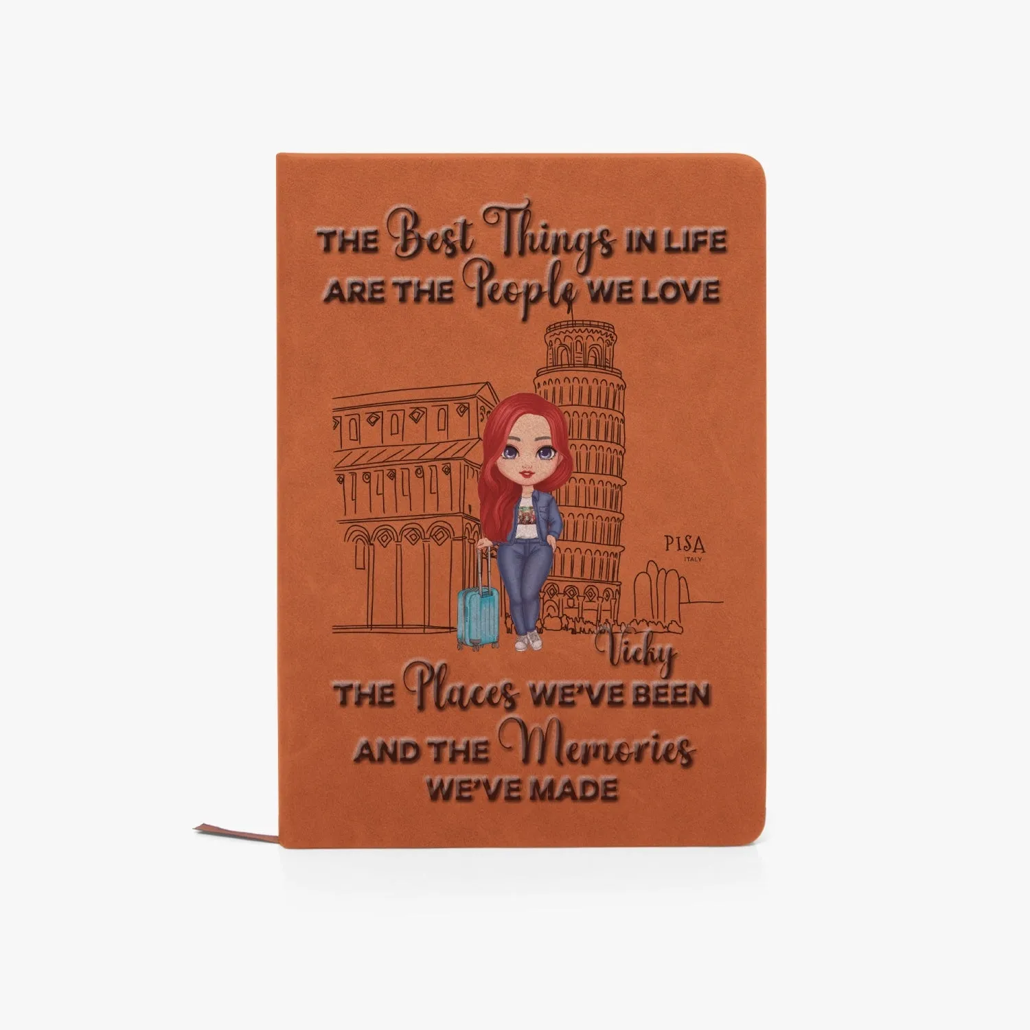 Personalised PU Leather Travel Journal Notebook, Italy, Girl Red Hair, The Best things