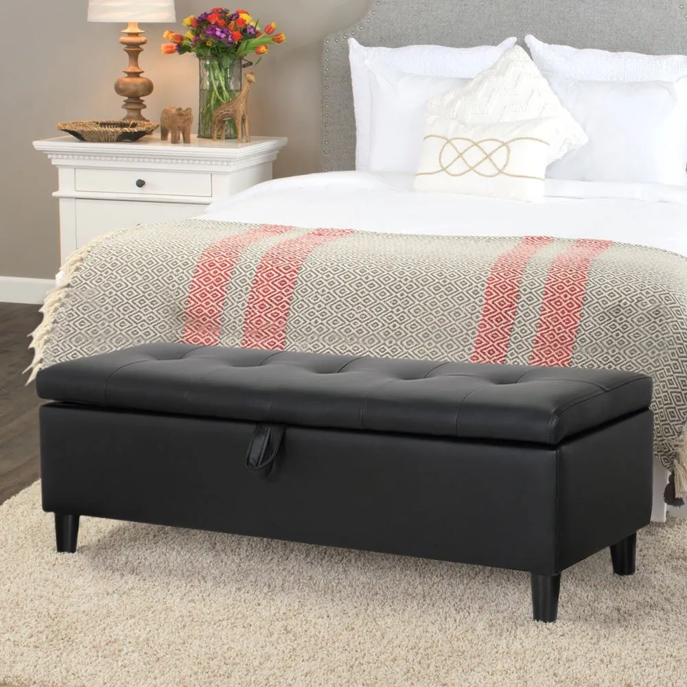 PU Leather Storage Box Footstool Padded Ottoman Black Storage Bench