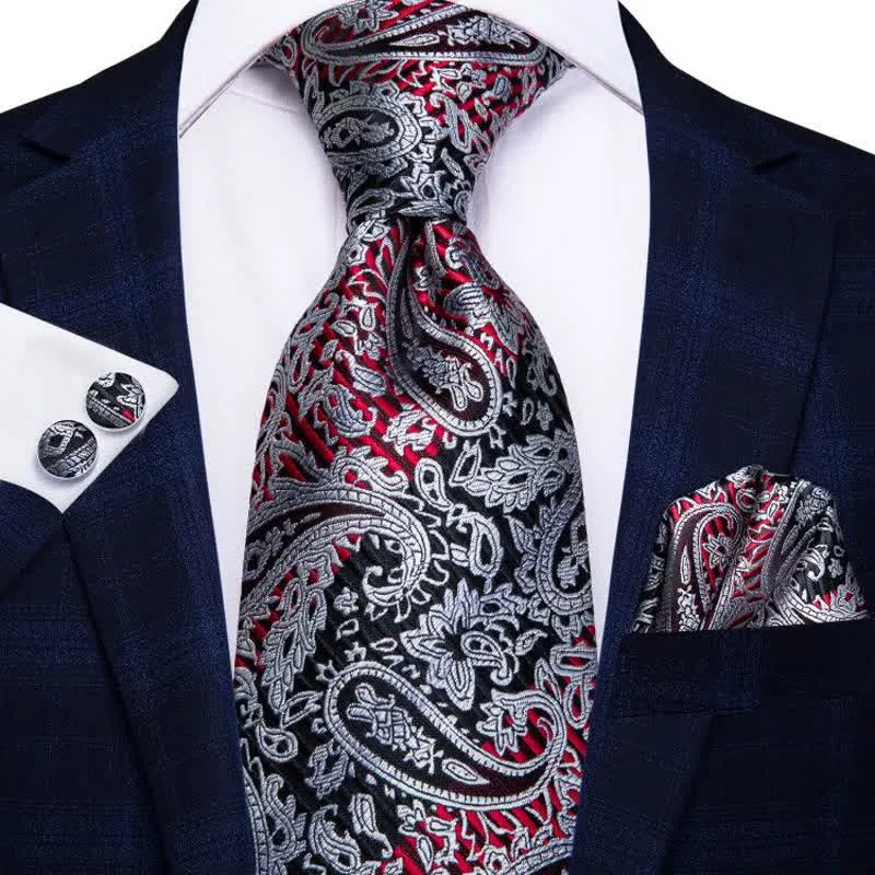 Red & Black 3Pcs Men's Paisley Necktie Set