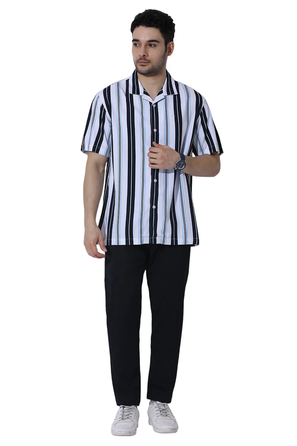 Relaxed Fit Cotton Viscose Twill Stripe Halfsleeves Shirt