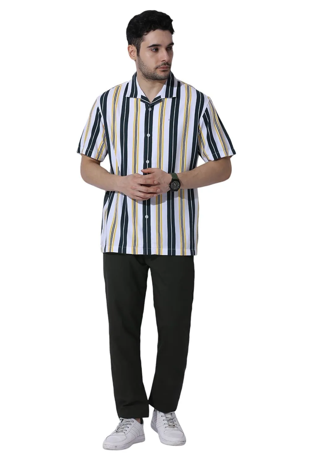 Relaxed Fit Cotton Viscose Twill Stripe Halfsleeves Shirt