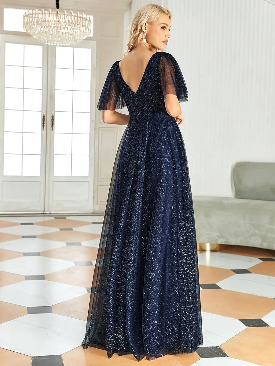 Romantic V Neck Tulle Evening Dress with Ruffle Sleeves