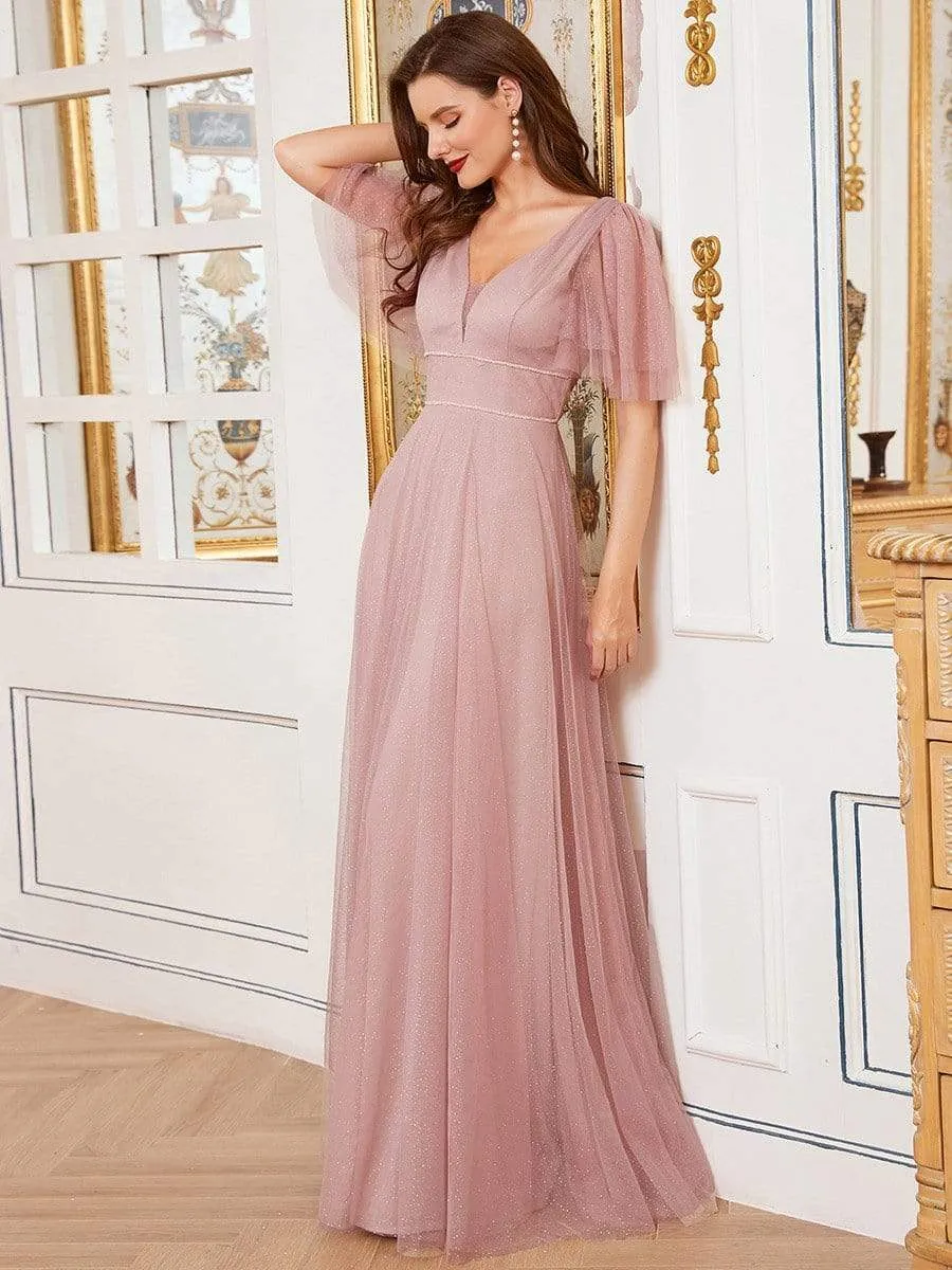 Romantic V Neck Tulle Evening Dress with Ruffle Sleeves