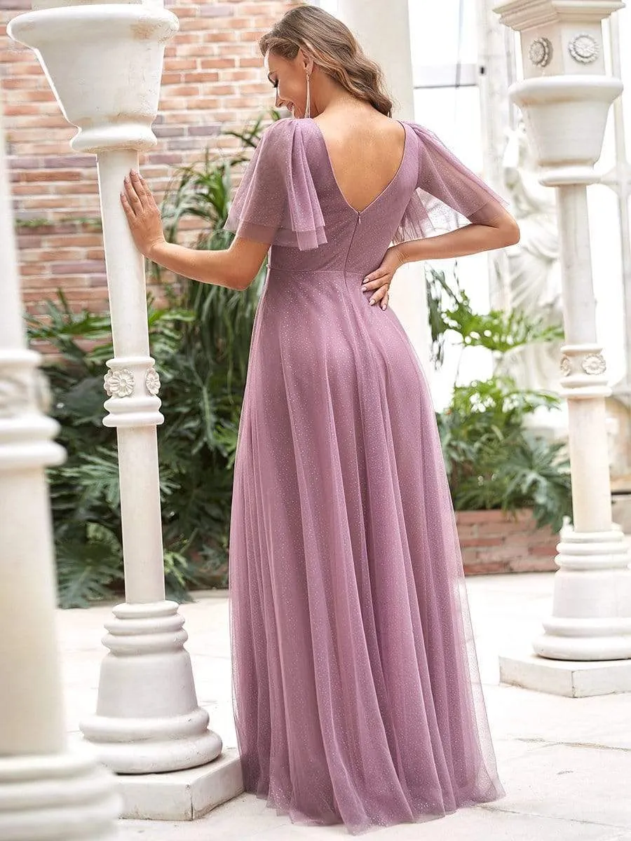 Romantic V Neck Tulle Evening Dress with Ruffle Sleeves