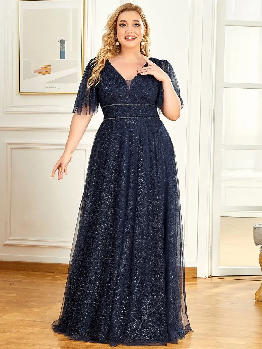 Romantic V Neck Tulle Evening Dress with Ruffle Sleeves