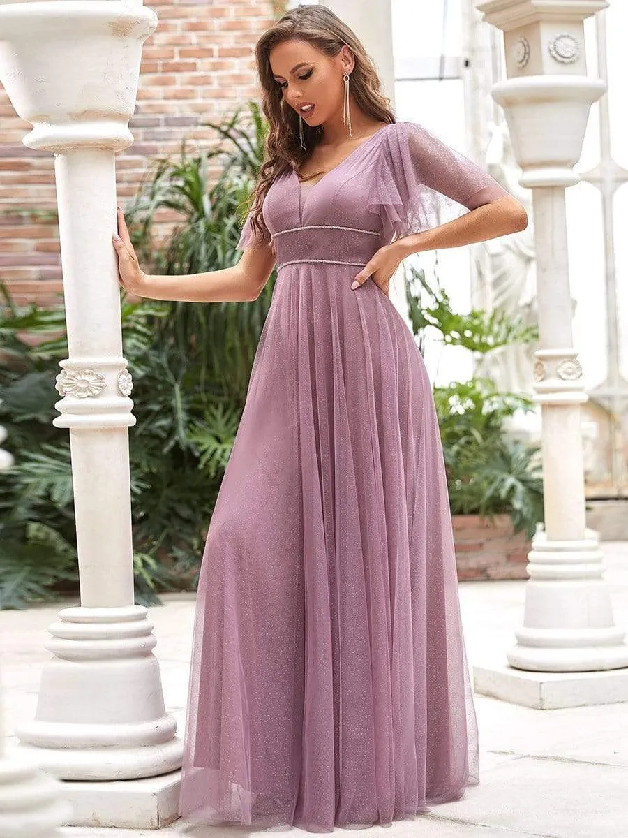 Romantic V Neck Tulle Evening Dress with Ruffle Sleeves