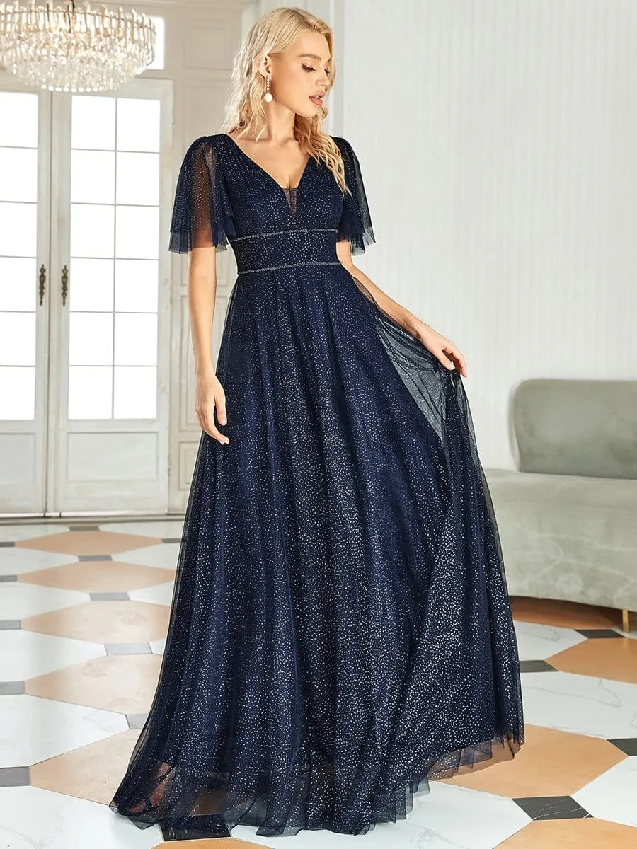 Romantic V Neck Tulle Evening Dress with Ruffle Sleeves