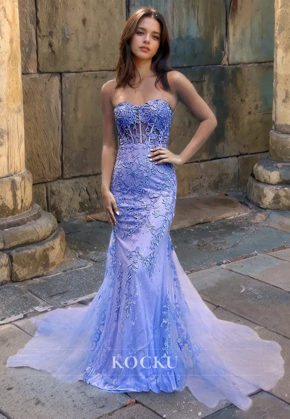 Strapless Mermaid Prom Dress Sleeveless Lace Long Formal Dress with Train