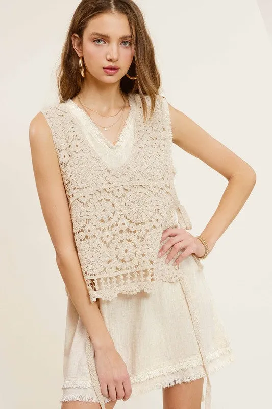 TEEK - Natural Self Side Tie Crochet Vest Top