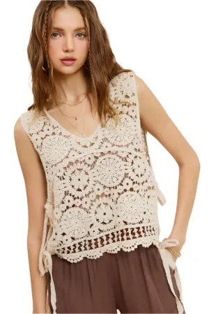 TEEK - Natural Self Side Tie Crochet Vest Top