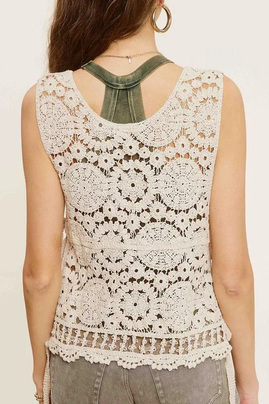 TEEK - Natural Self Side Tie Crochet Vest Top