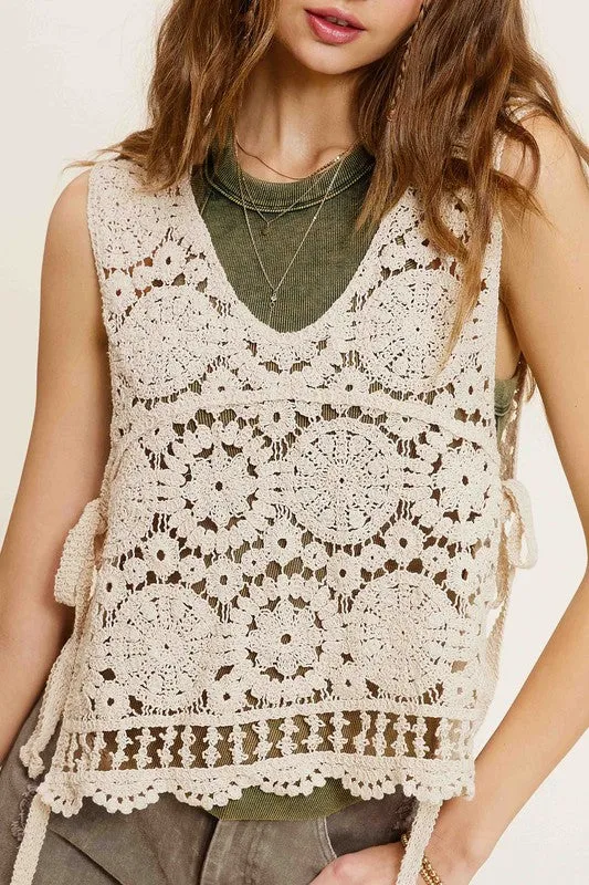 TEEK - Natural Self Side Tie Crochet Vest Top