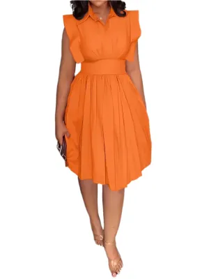 TEEK - Orange Plus Size Ruffled Collared Neck Cap Sleeve Dress